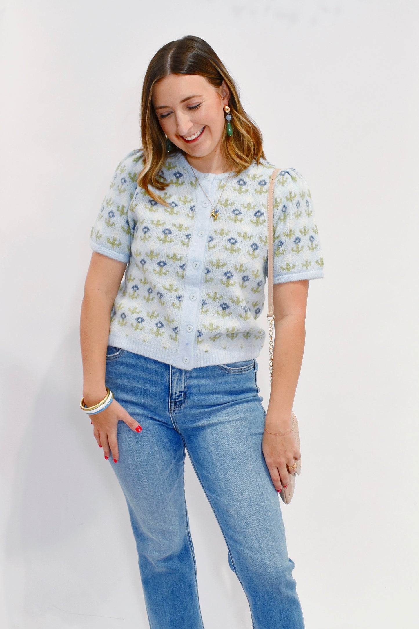 Blue Green Floral Short Sleeve Cardigan