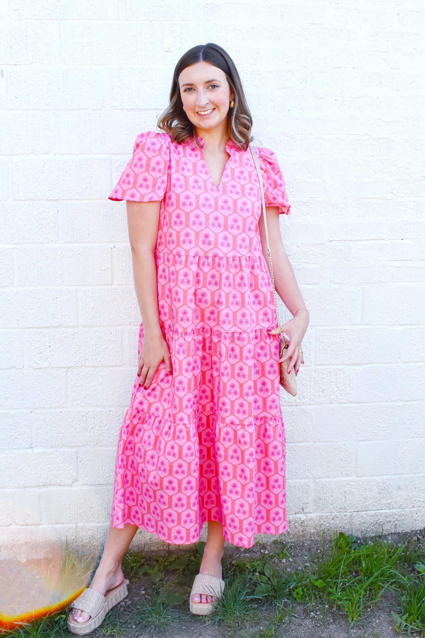 Mary Square Ivy Dress Rosette Charm Pink