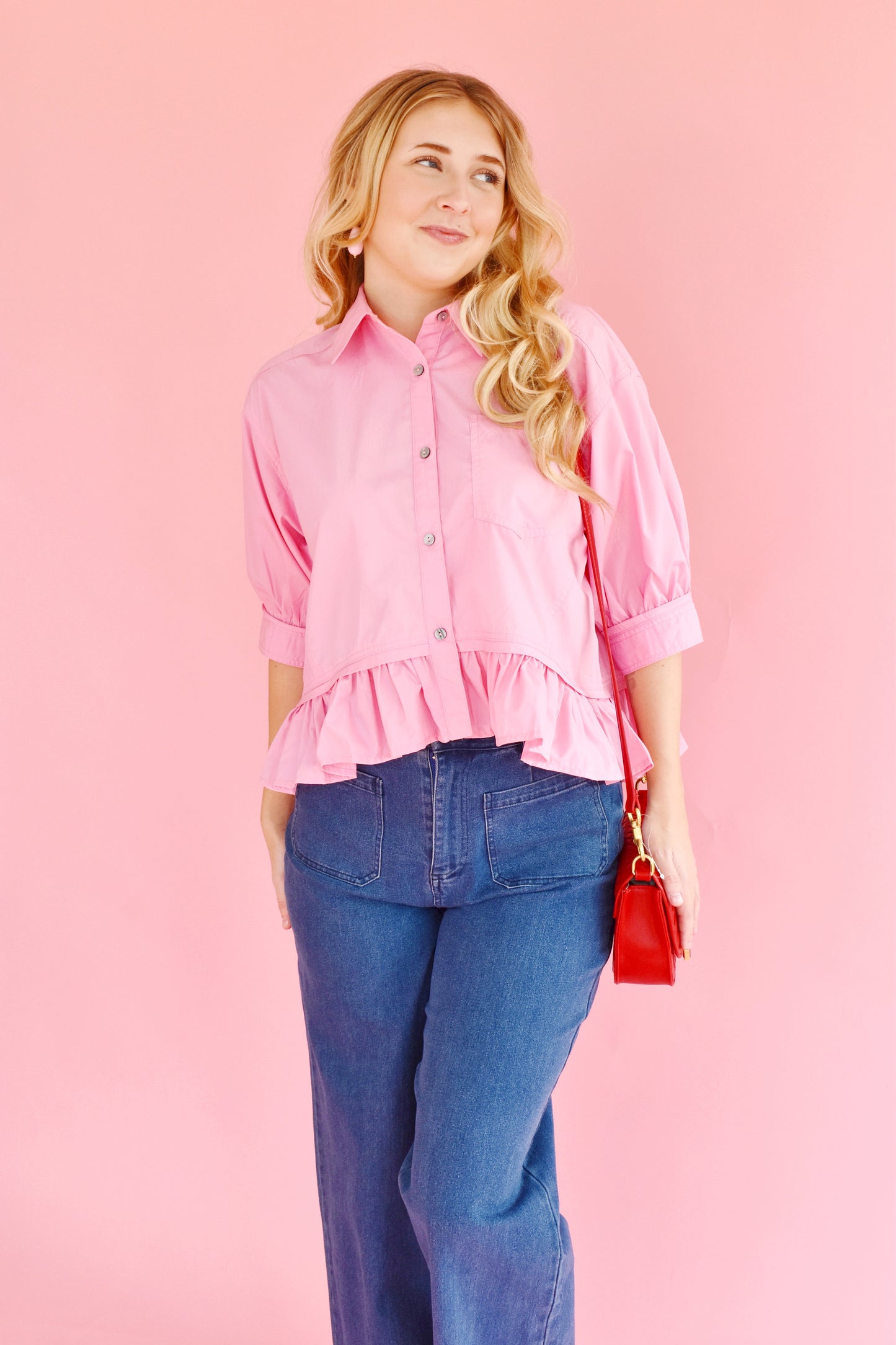 Pink Button Down Ruffle Hem Top