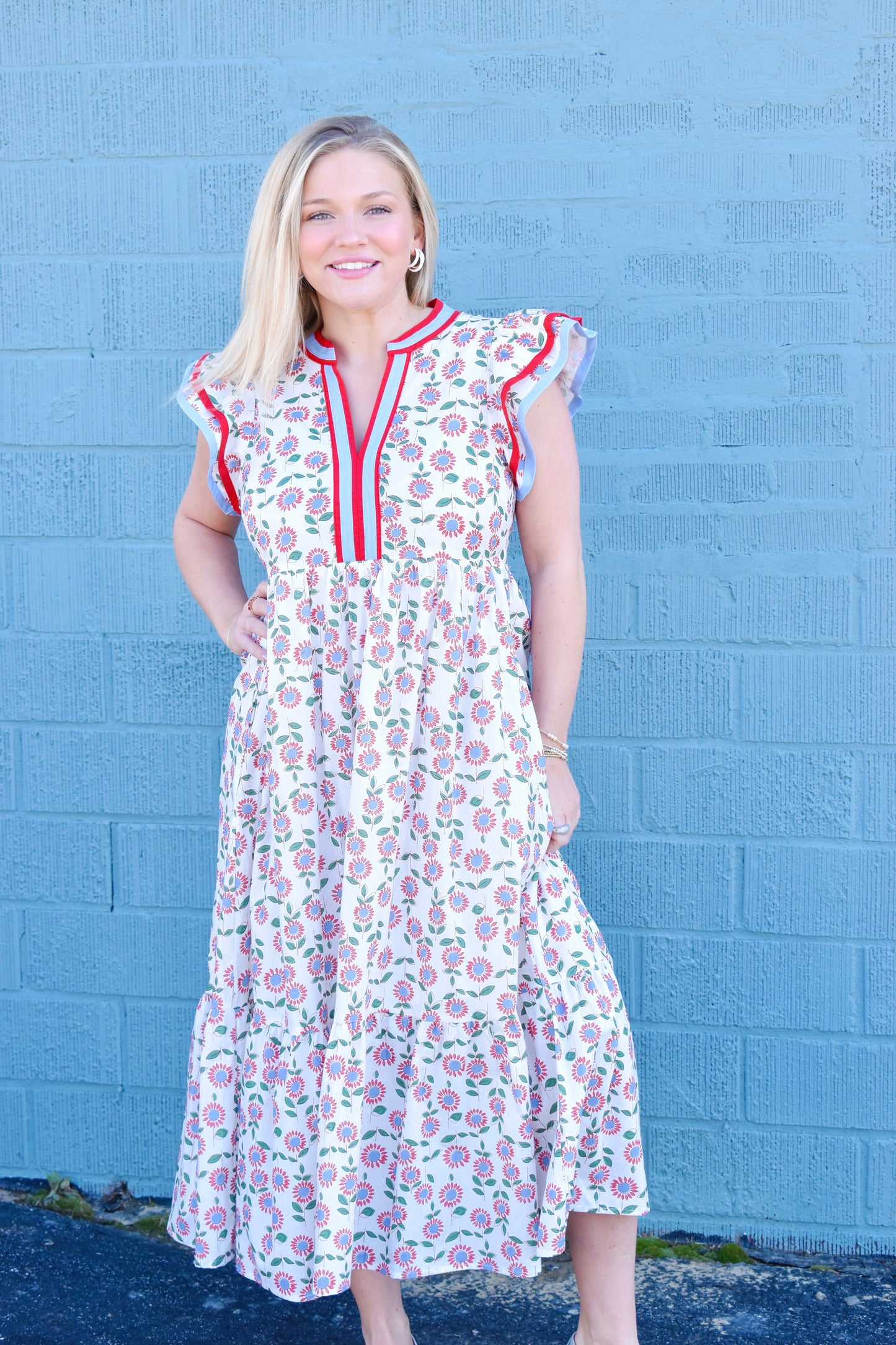 Blue & Red Floral Contrast Trim Midi Dress