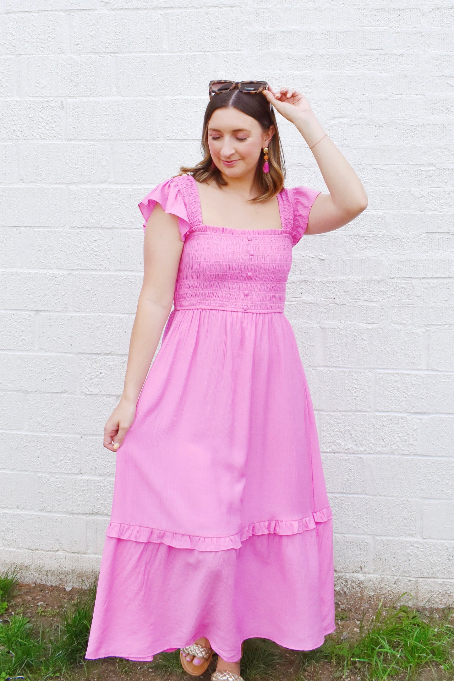 Bubblegum Smocked Button Detail Midi Dress