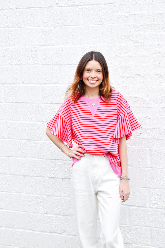 Pink & Red Striped Ruffle Sleeve Top