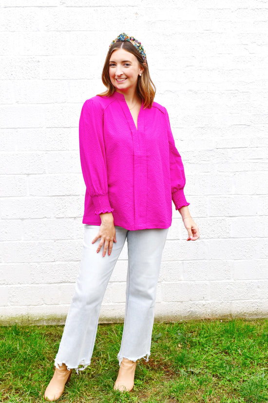 Magenta Smocked Cuff Blouse