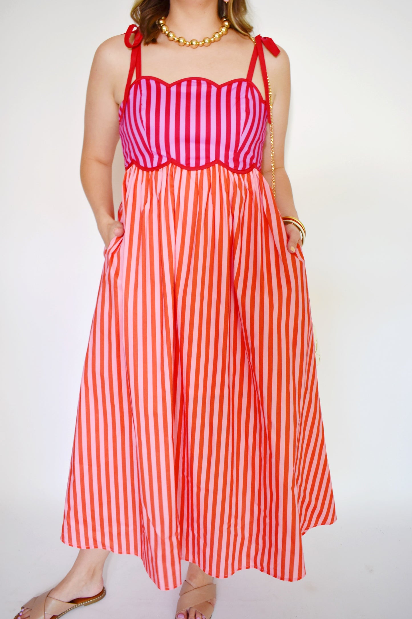 Red & Pink Striped Scallop Tie Strap Midi Dress