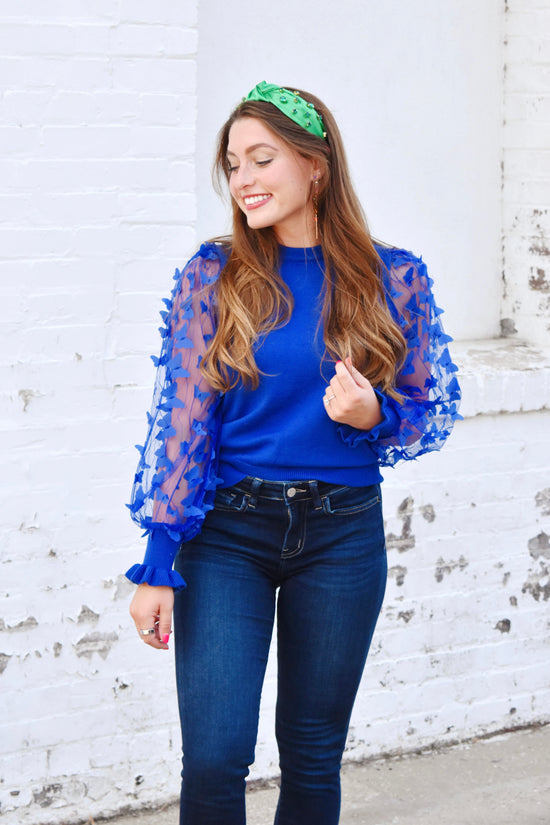 Royal Blue Sweater Top With Butterfly Sleeves