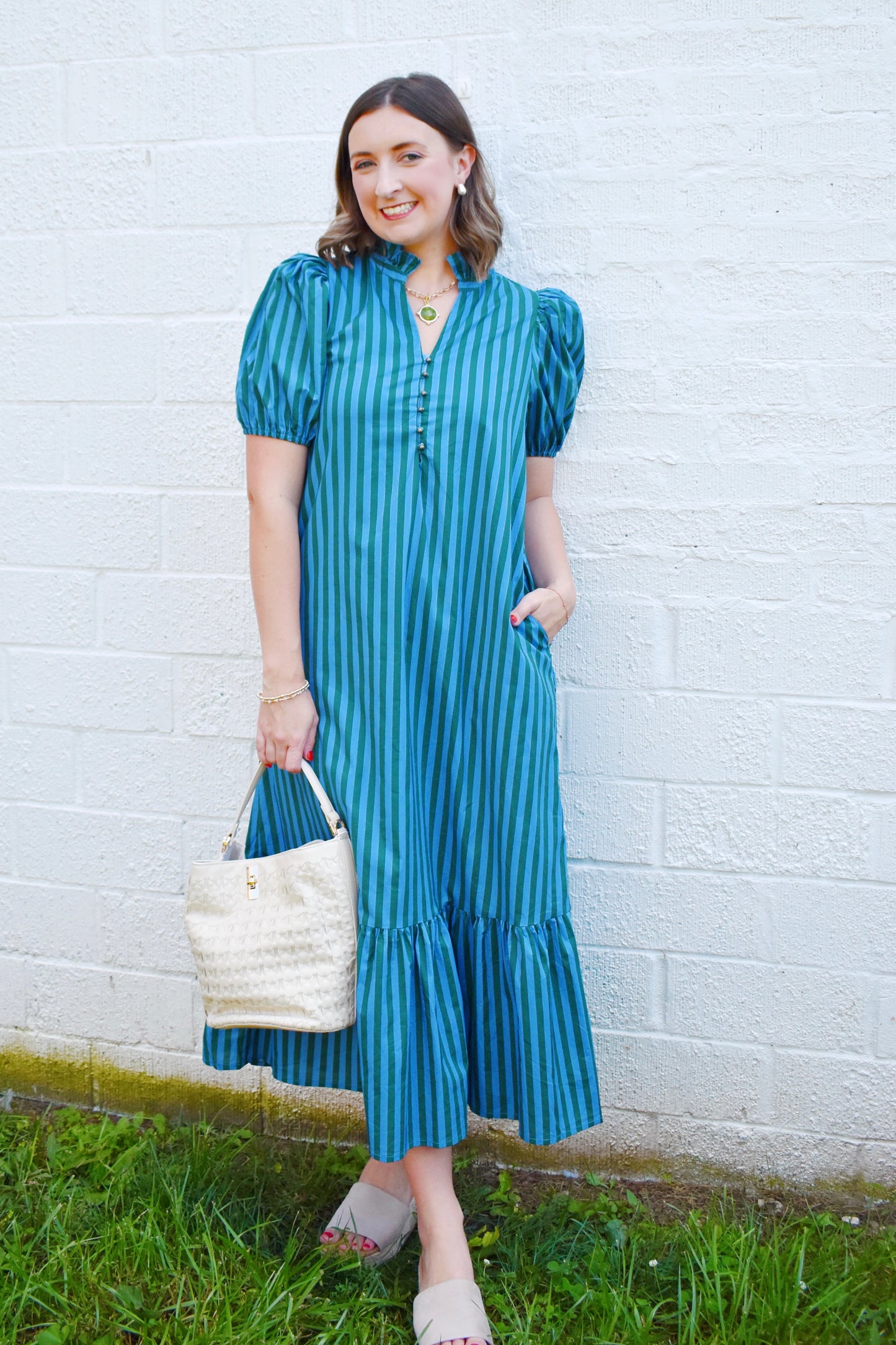 Hunter & Light Blue Stripe Ruffle Hem Midi Dress