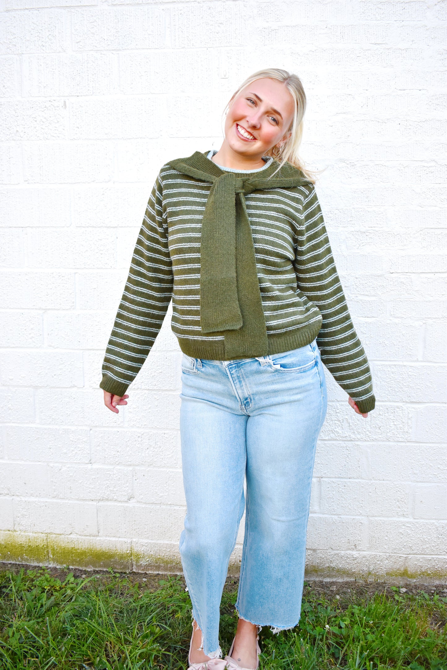 Olive & Blue Striped Layered Look Sweater