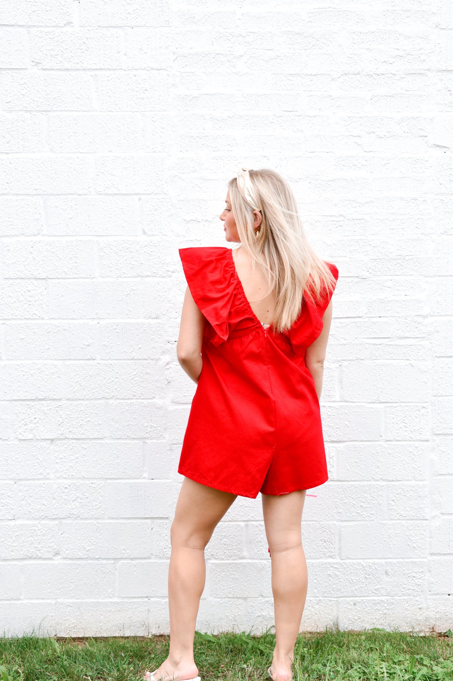 Red Denim Ruffle Romper