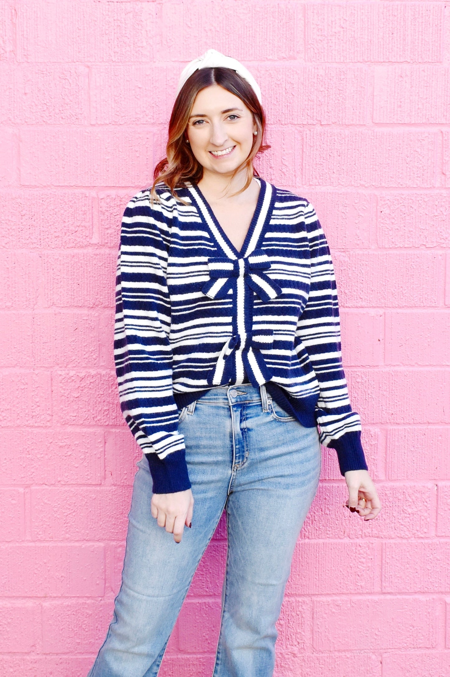 Navy Striped Bow Cardigan Sweater