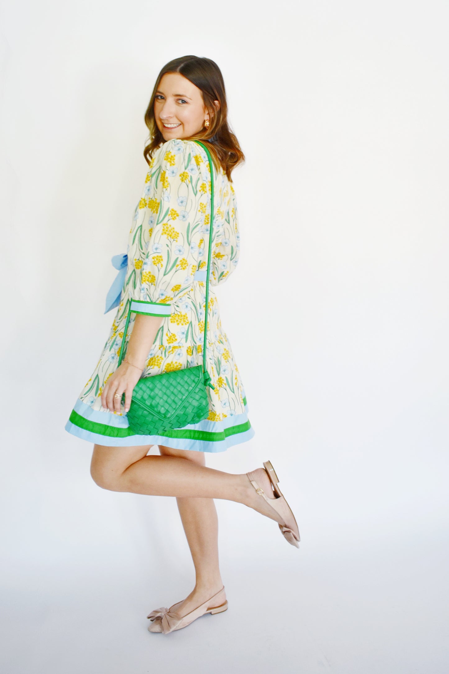 Lemon Floral Blue Green Contrast Tie Waist Dress