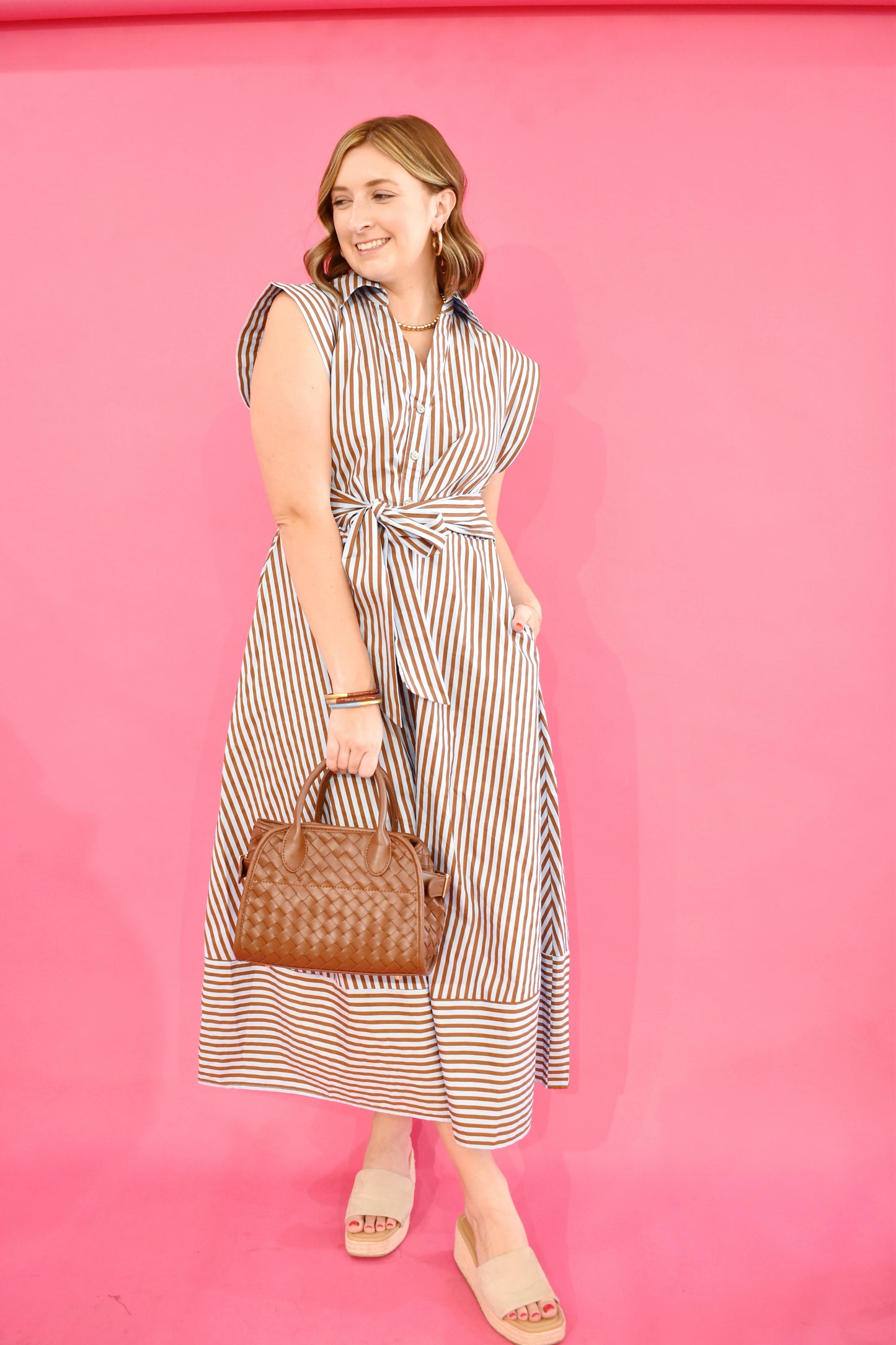 Blue & Chocolate Striped Collared Tie Waist Dress