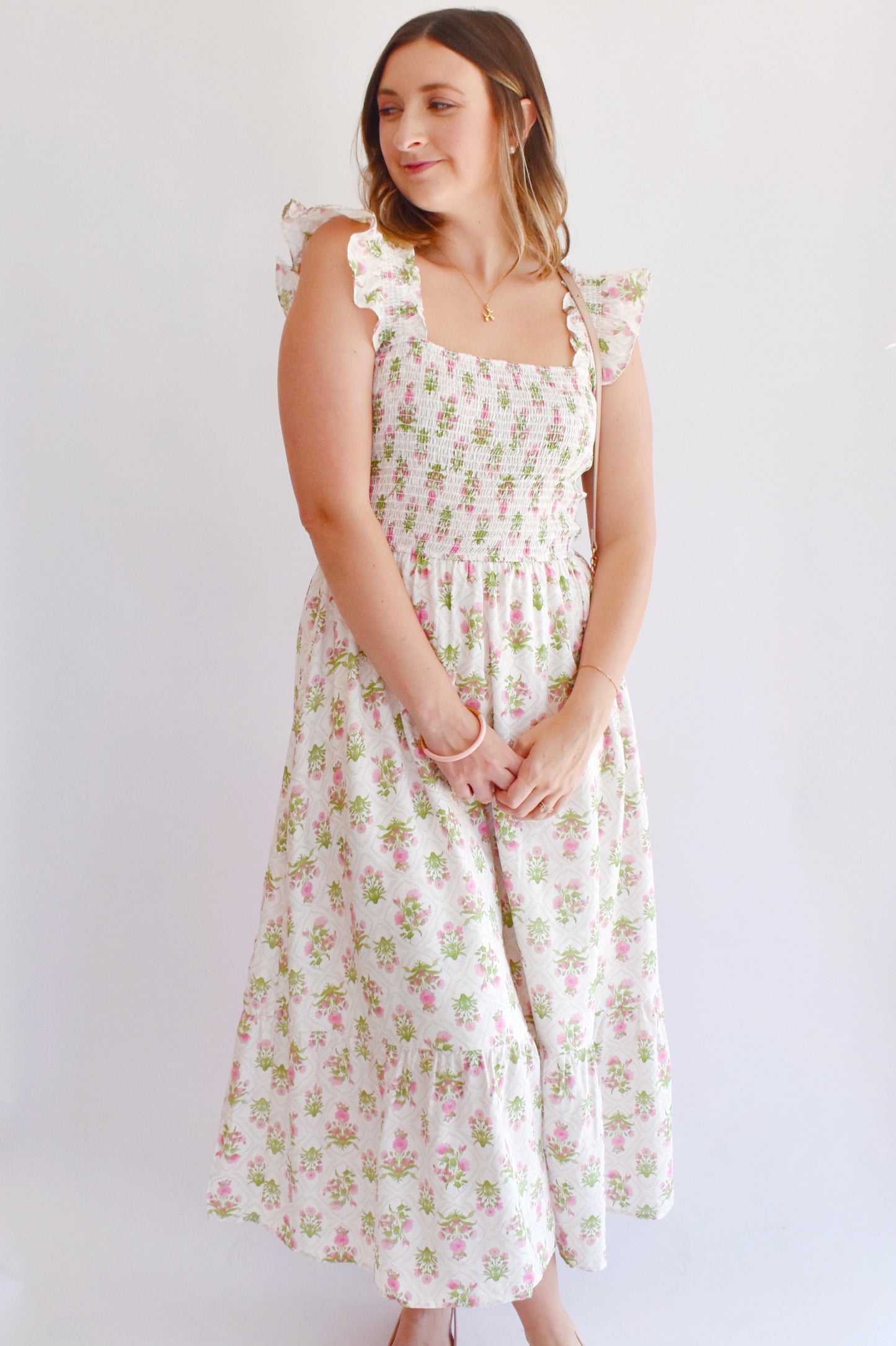 Pink Fem Floral Smocked Midi Dress