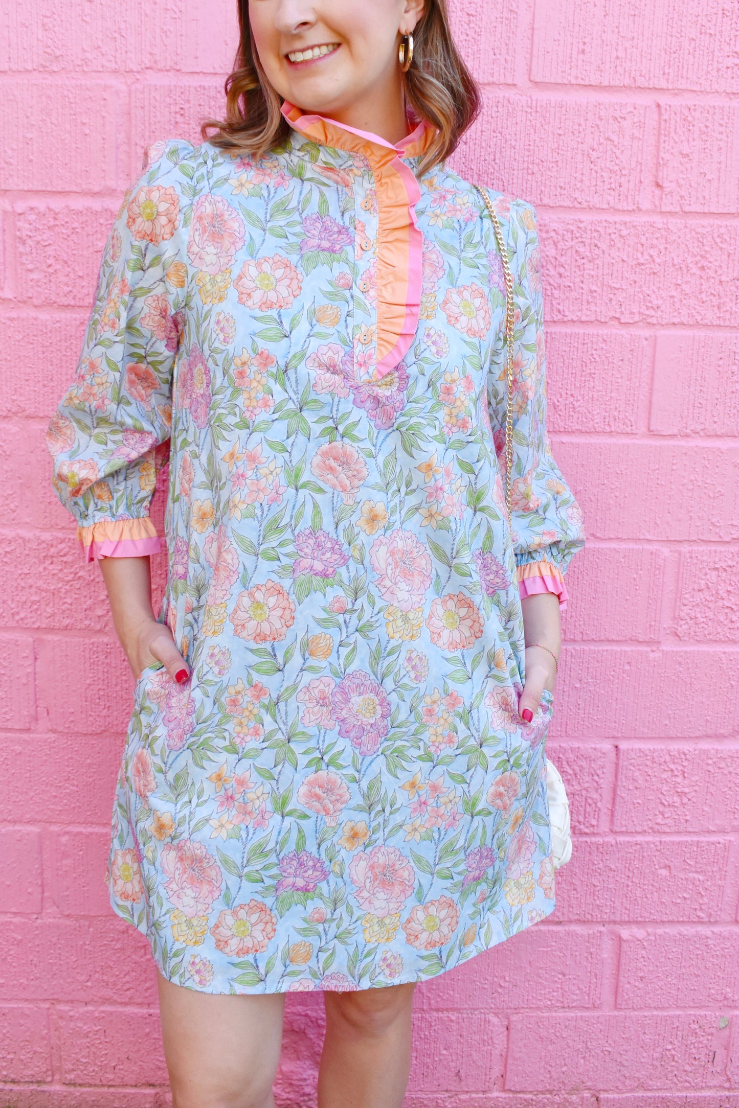 Sky Blue Lovely Floral Ruffles Accents Dress