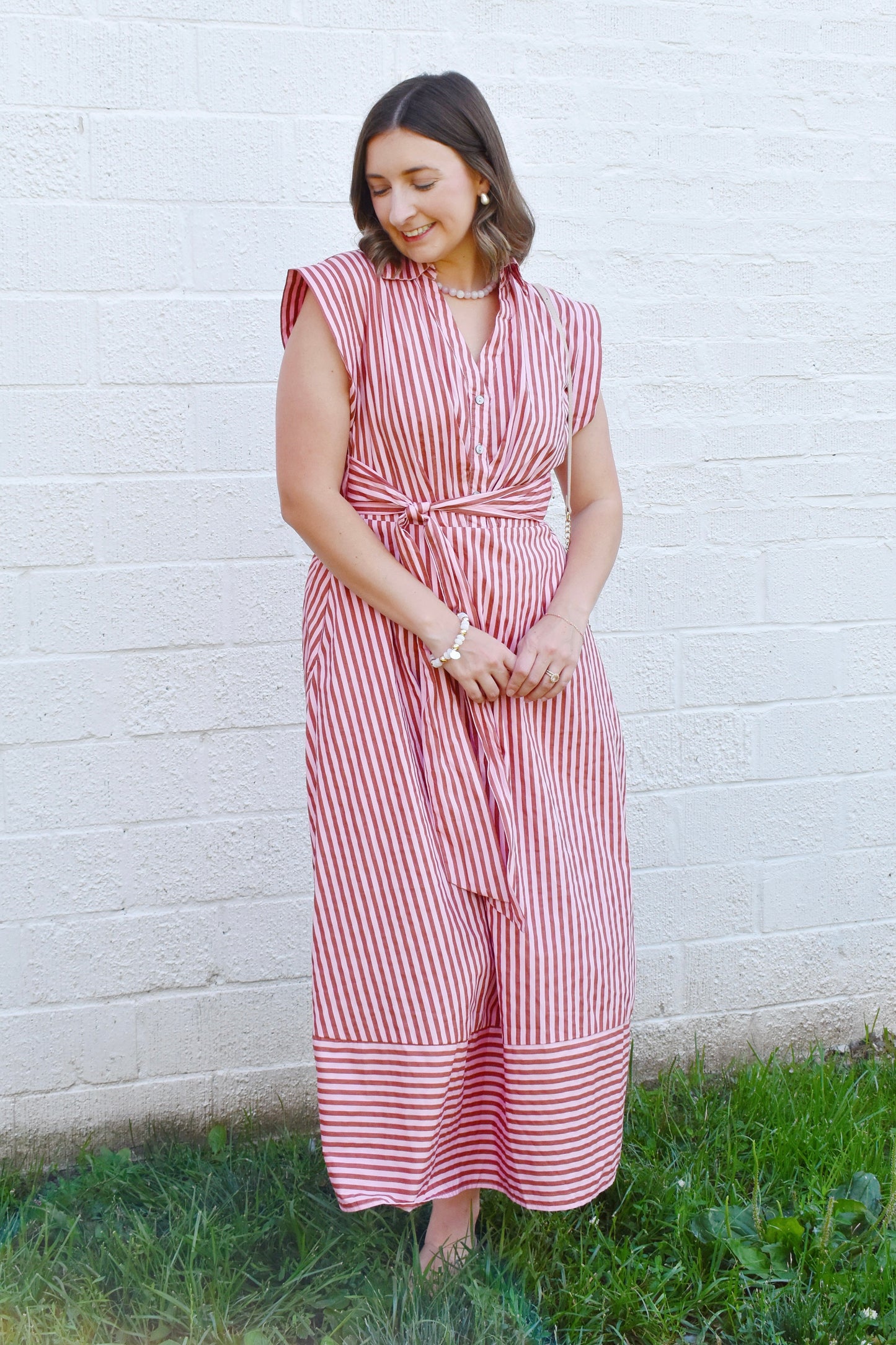 Pink & Camel Striped Collared Tie Waist Dress