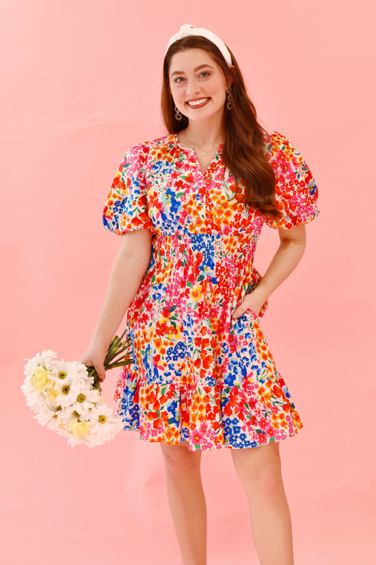 Bold Colorful Ditsy Floral Mini Dress