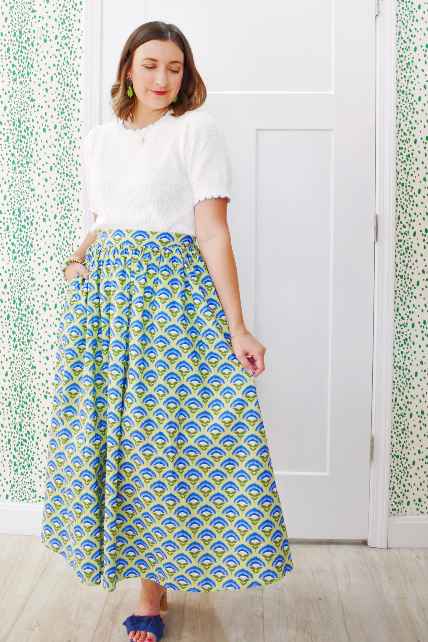 Blue Green Flower Stem Midi Skirt