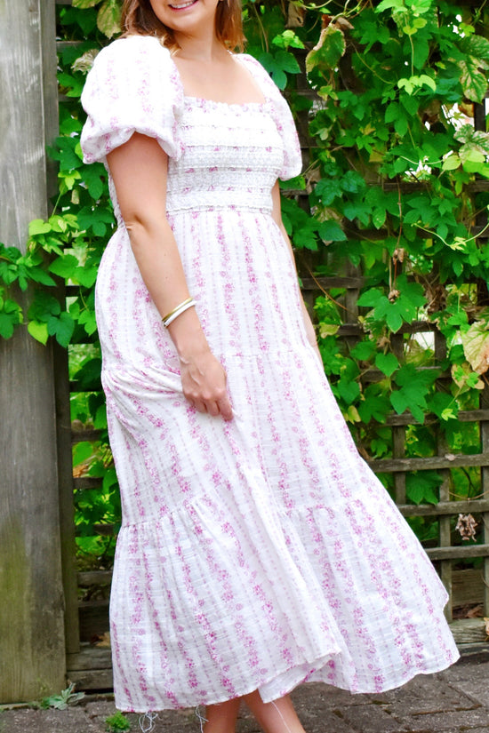 Mauve Smocked Lace Trim Puff Sleeve Maxi Dress