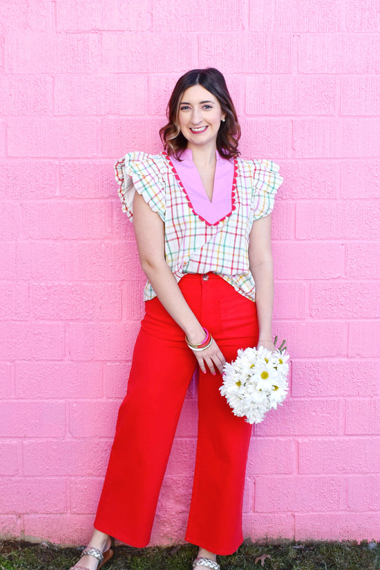 Colorful Plaid Red Scallop Trim Ruffle Blouse