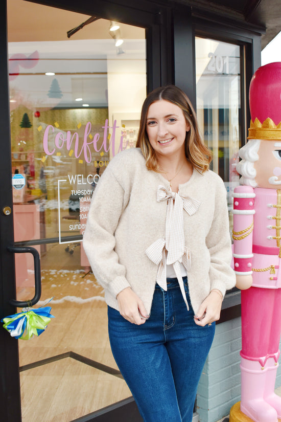 Beige Gingham Bow Cardigan Sweater