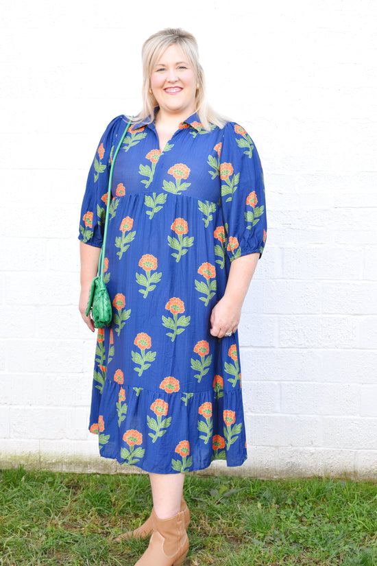 Plus Navy Orange Flower Stem Midi Dress