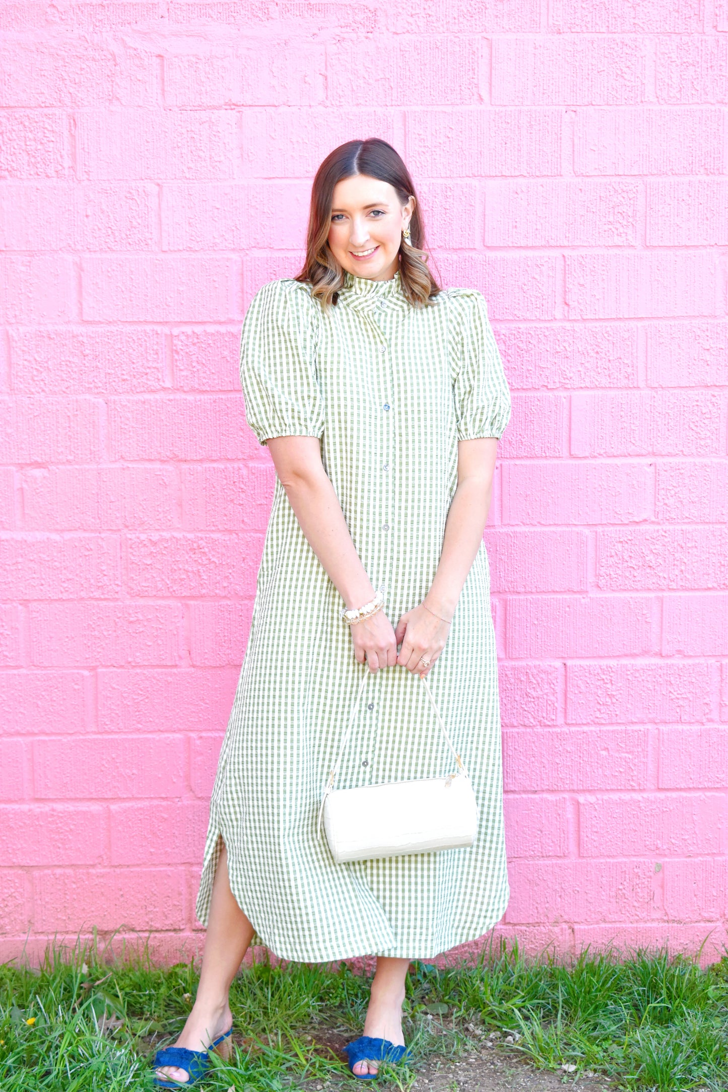 Matcha Gingham Button Down Midi Dress