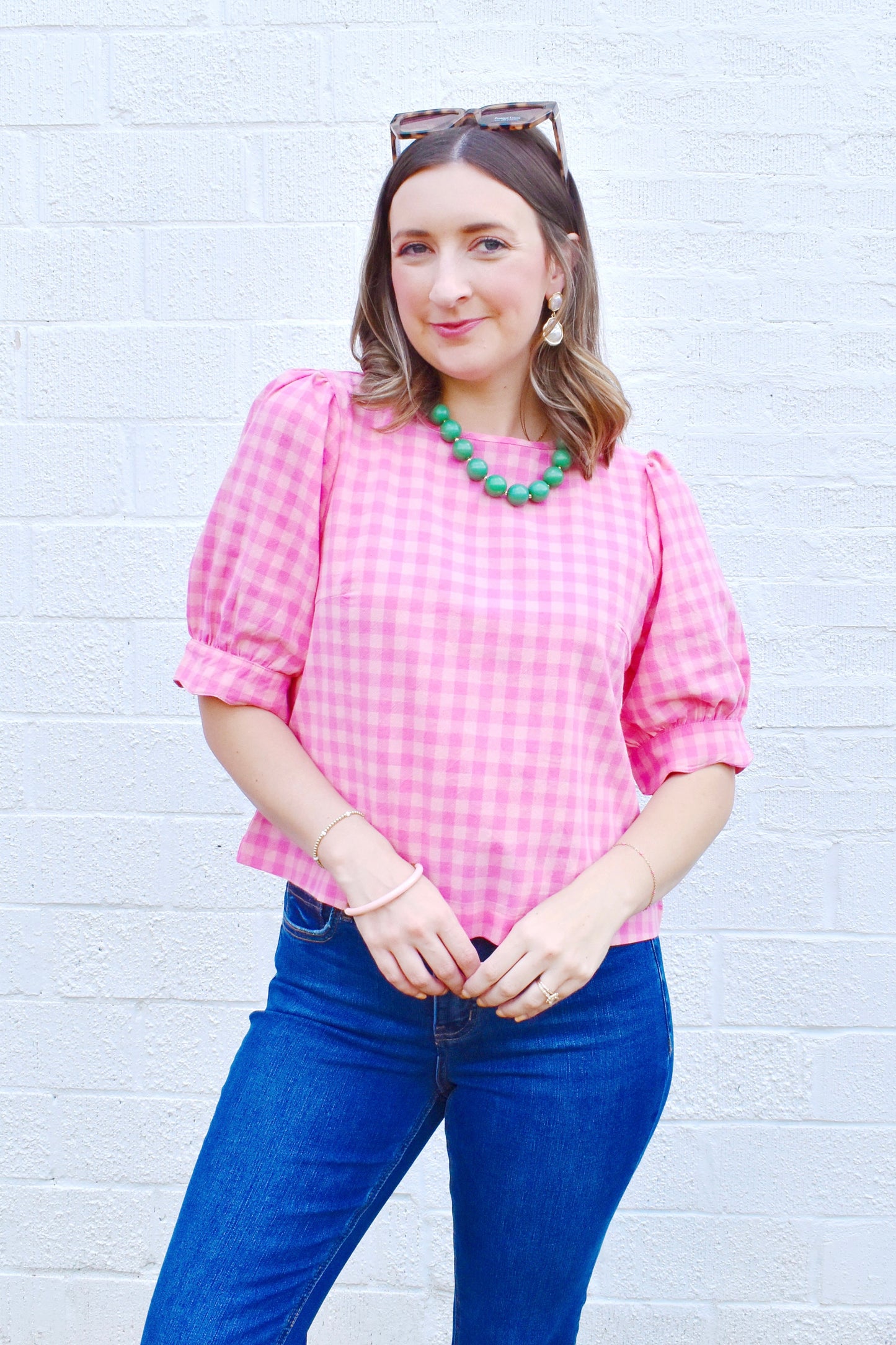 Pink Gingham Scallop Puff Sleeve Blouse