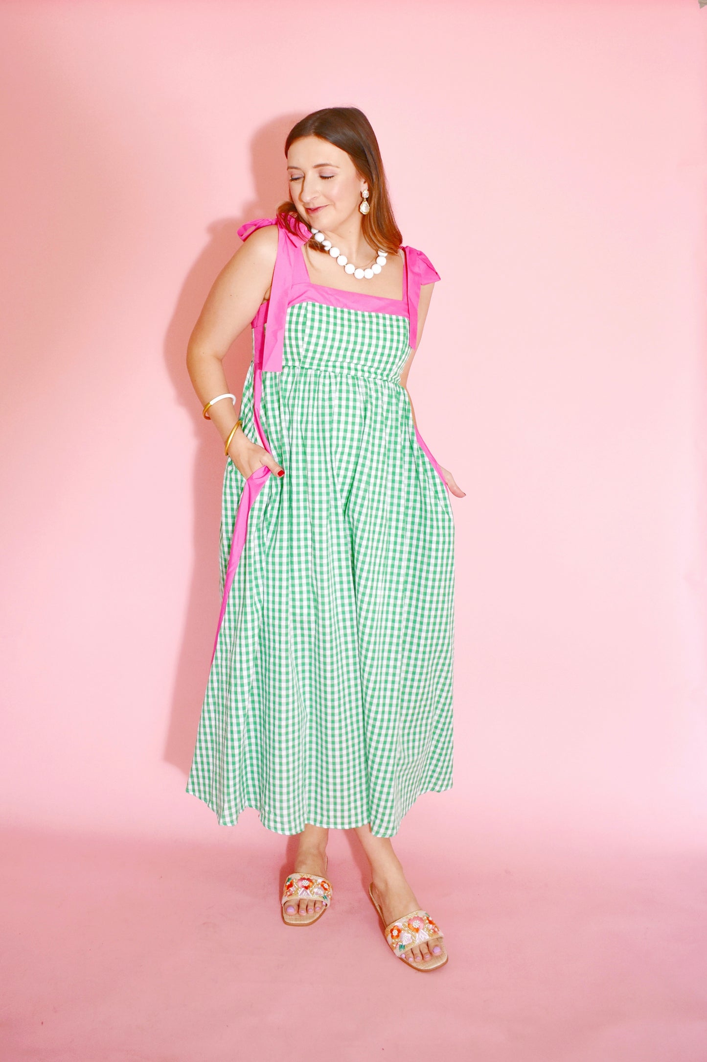 Green Gingham Pink Contrast Tie Strap Midi Dress