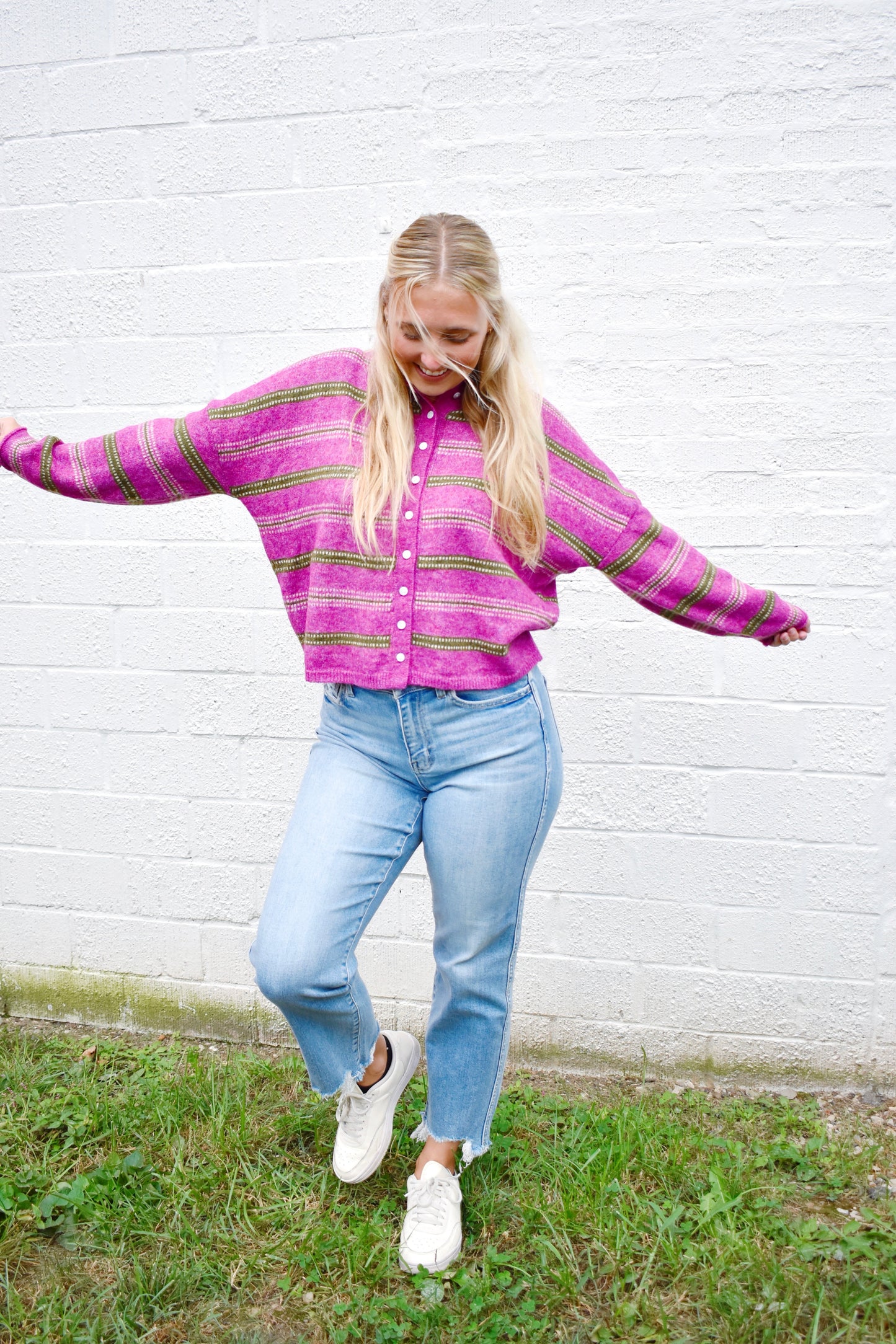 Magenta Olive Stripe Cardigan