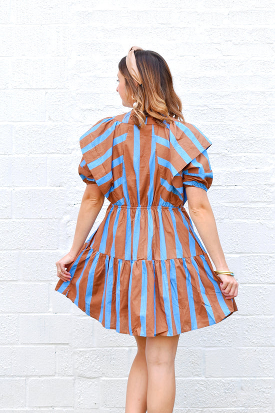 Brown & Blue Striped Ruffle Sleeve Dress