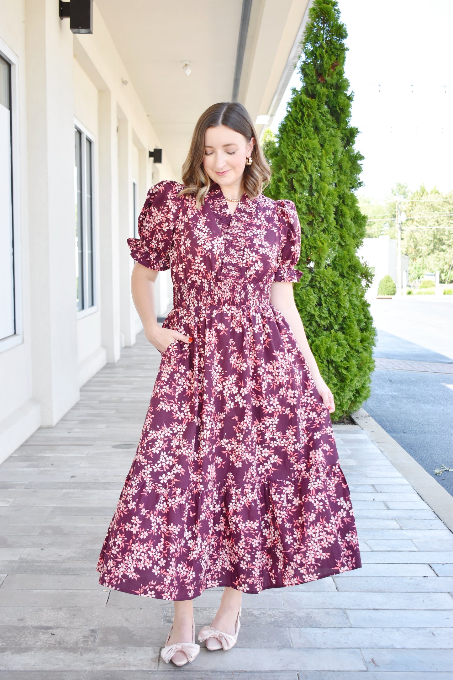 Wine Floral Ruffle Neck Smock Waist Midi Dress