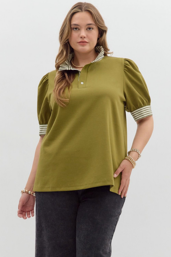 Plus Olive Striped Contrast Ruffle Neck Top