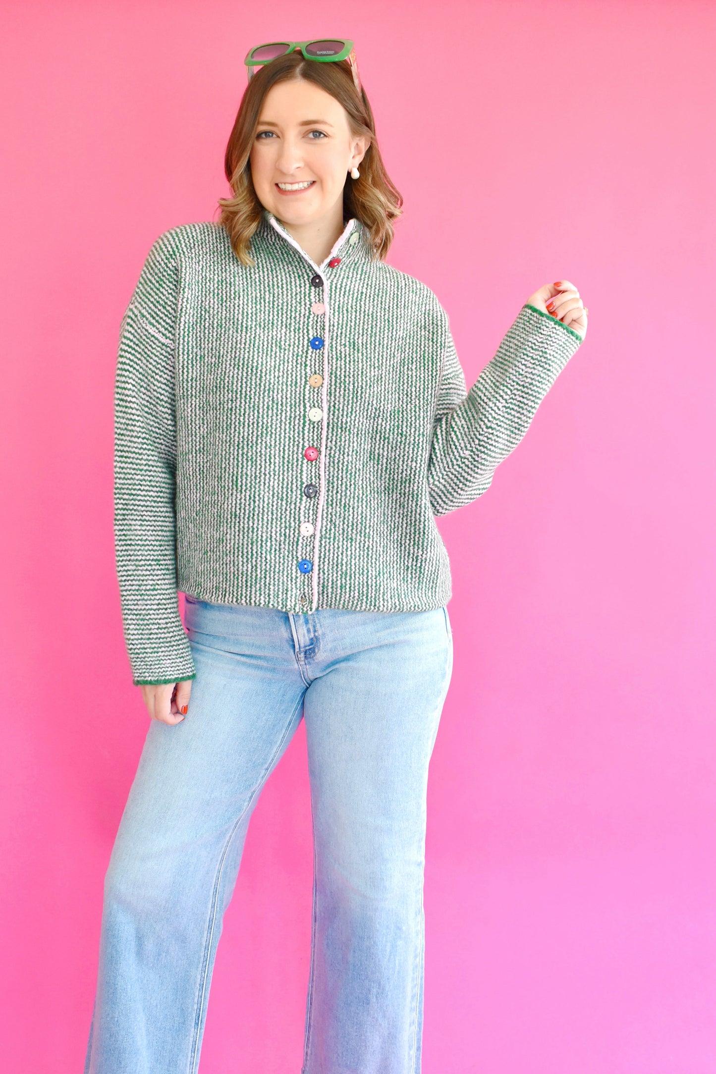 Green Pink Colorful Button Cardigan Sweater