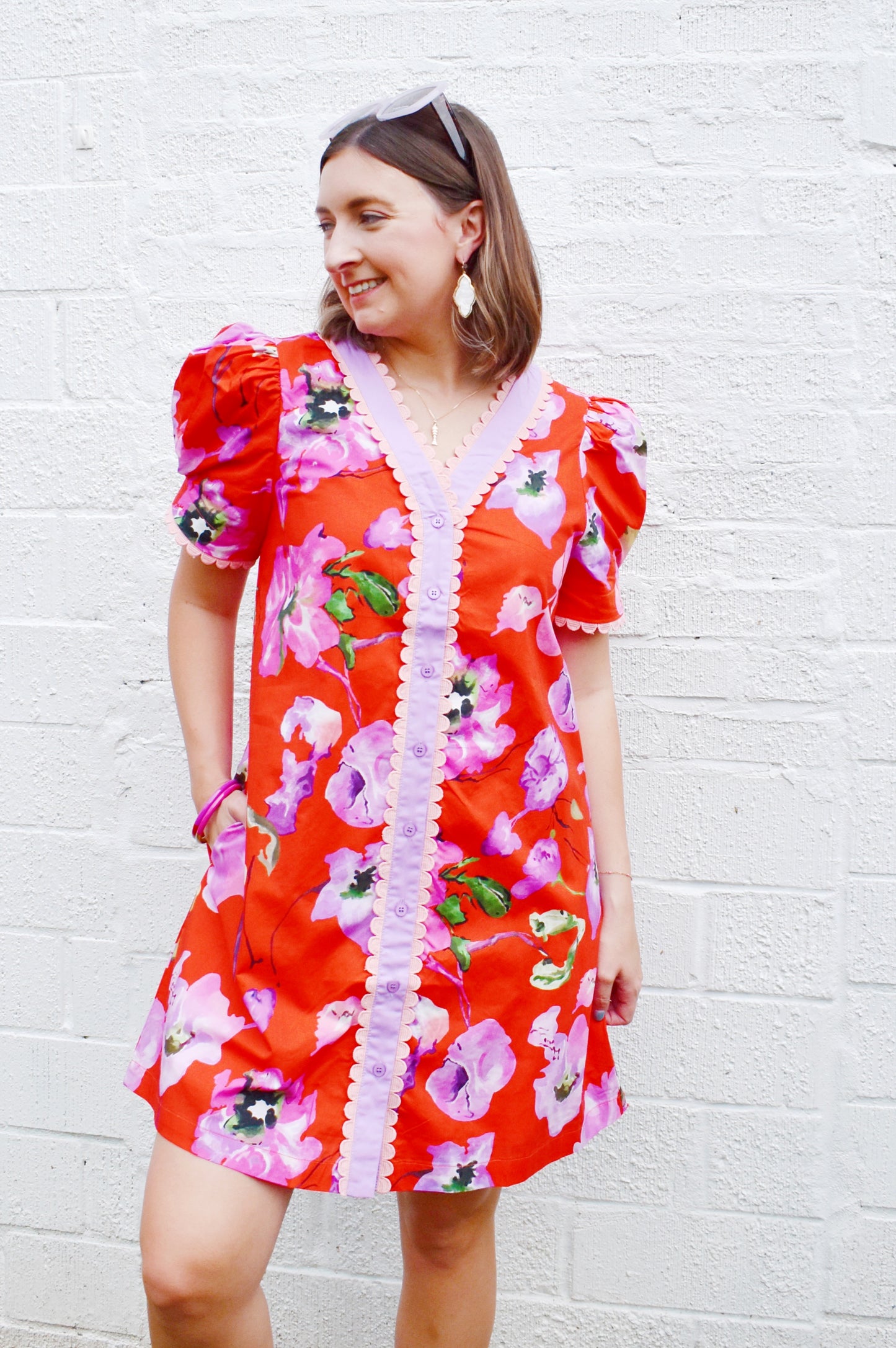 Red Floral Scallop Edge Button Down Shift Dress