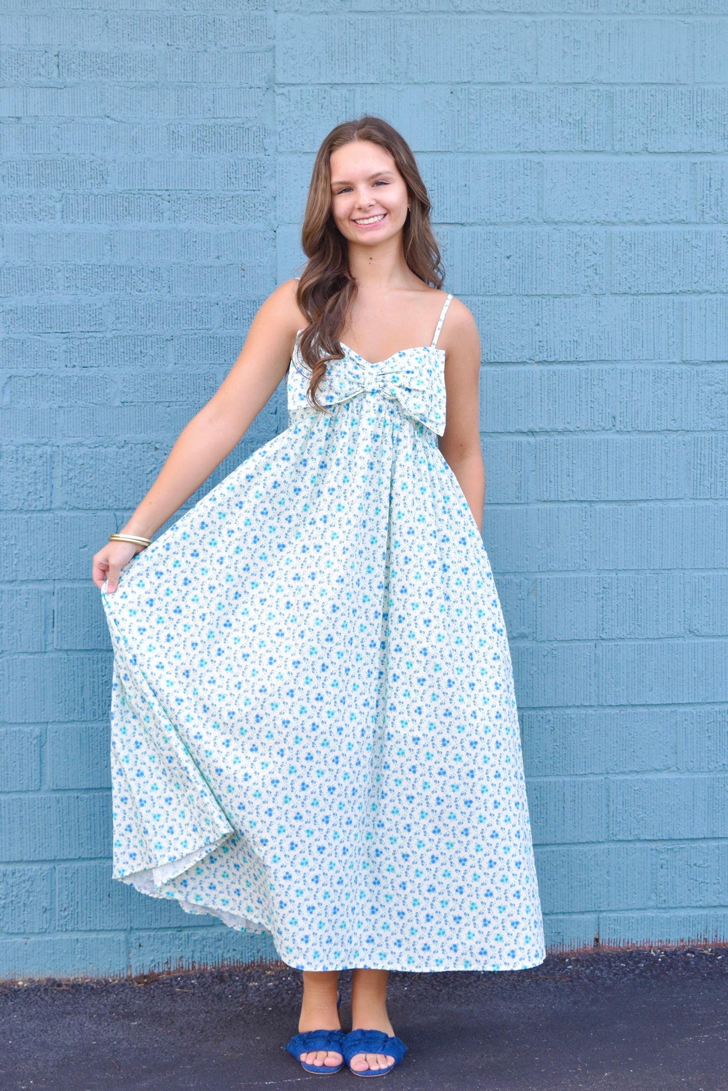 Blue Ditsy Floral Bow Maxi Dress