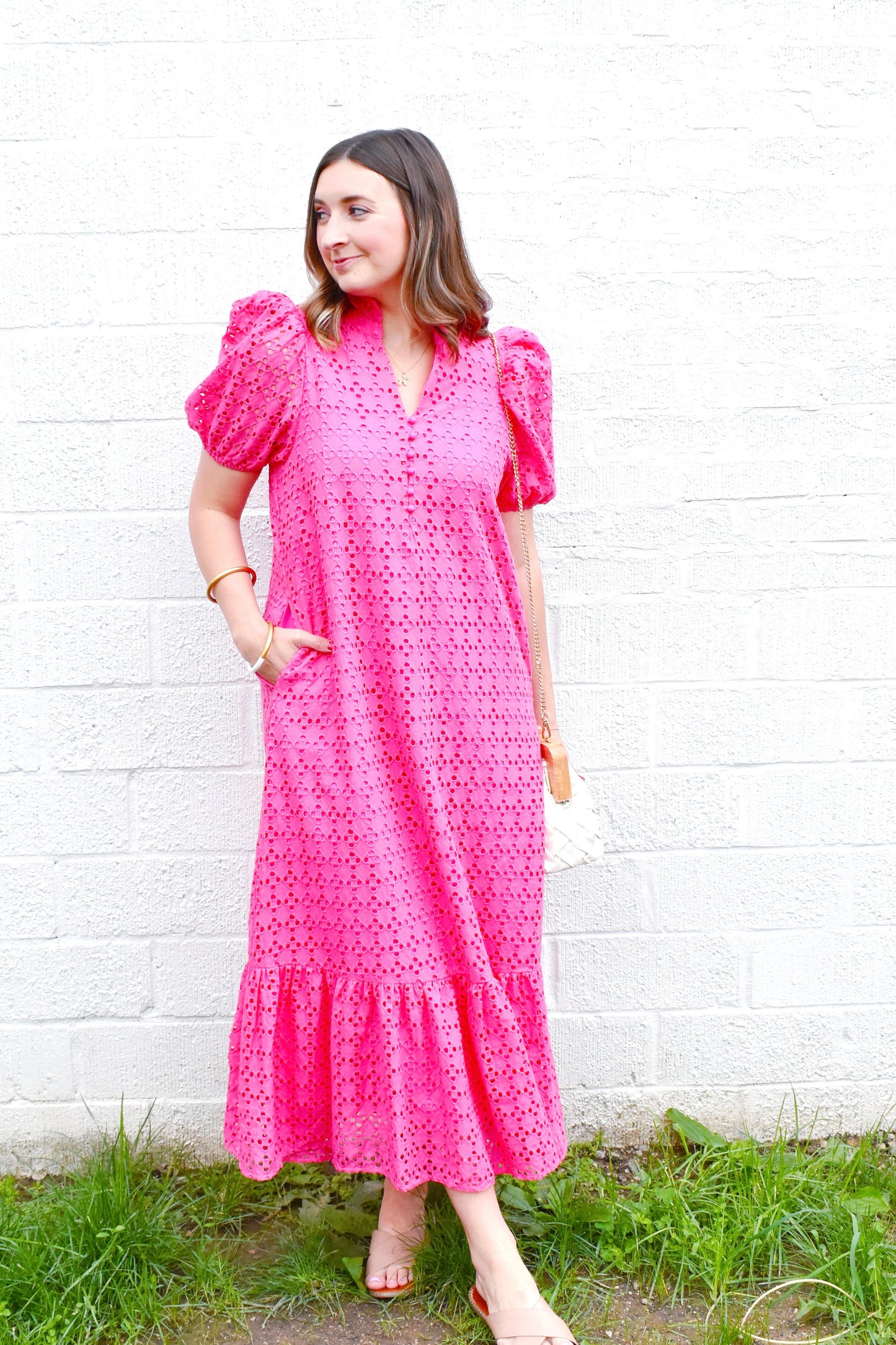 Hot Pink Eyelet Midi Dress