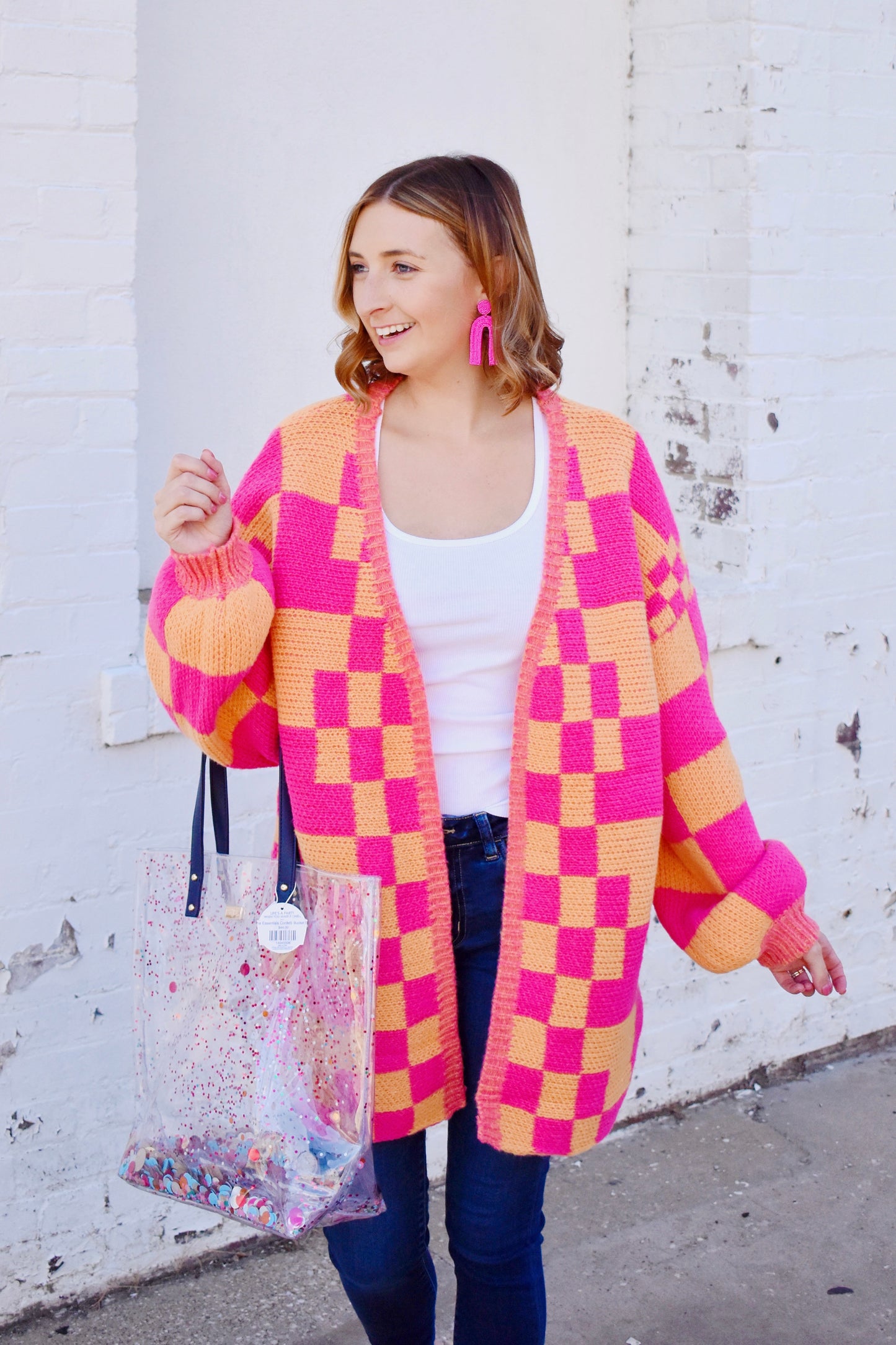 Load image into Gallery viewer, Orange &amp;amp; Pink Checkered Cardigan
