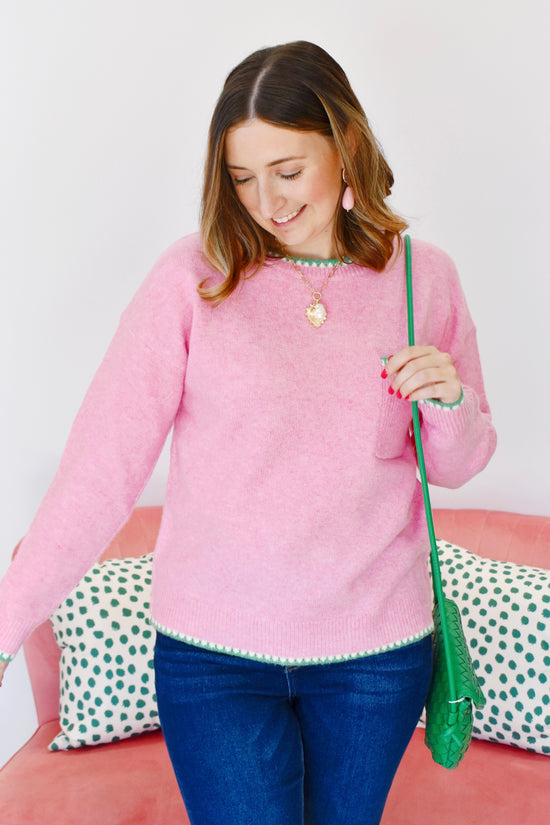 Pink Green Blanket Stitch Sweater
