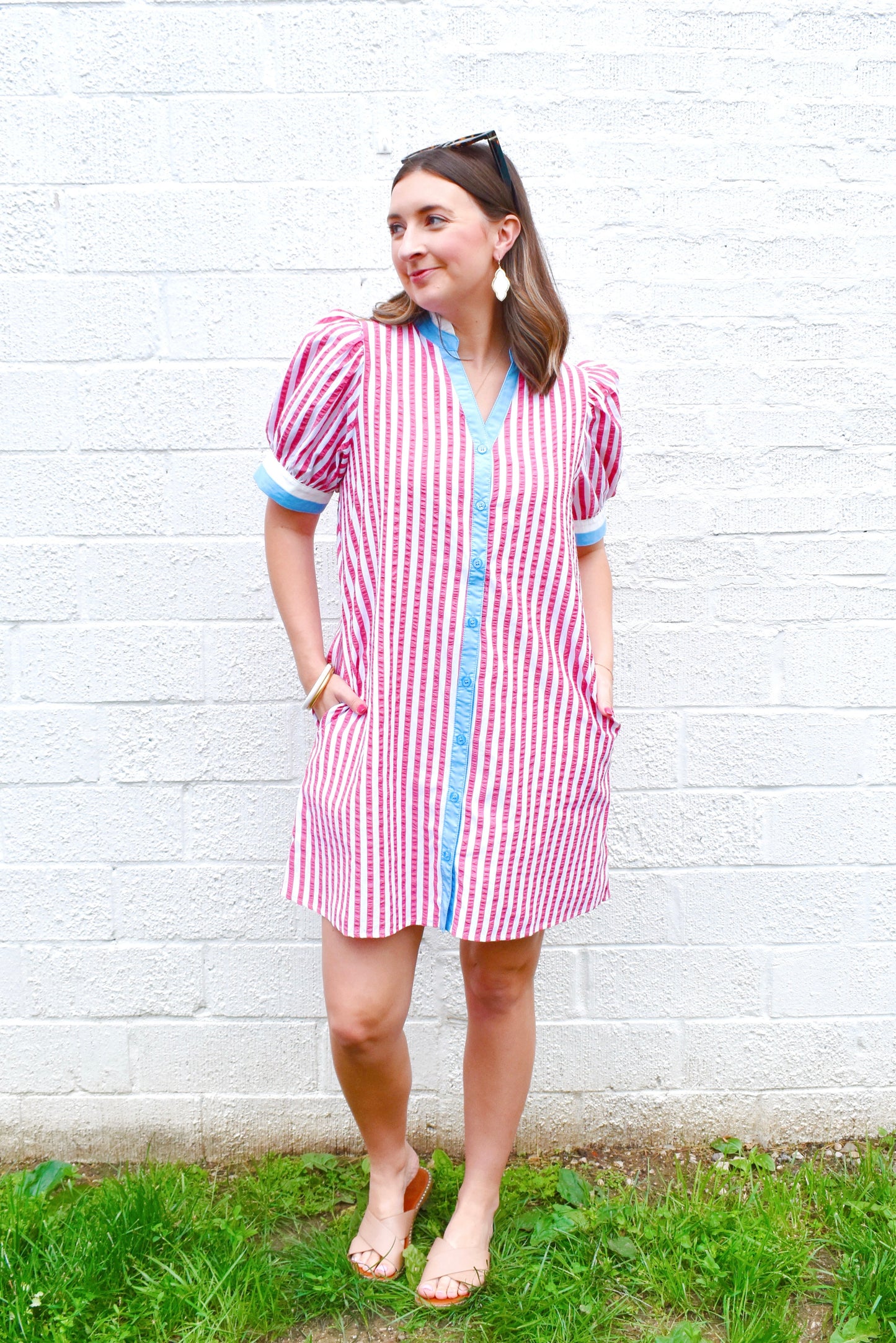 Red Striped Blue Contrast Button Down Dress