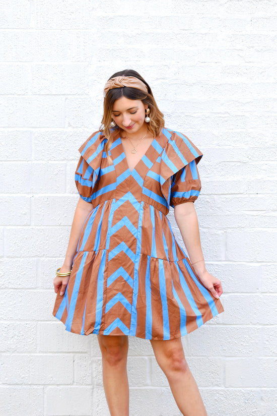 Brown & Blue Striped Ruffle Sleeve Dress