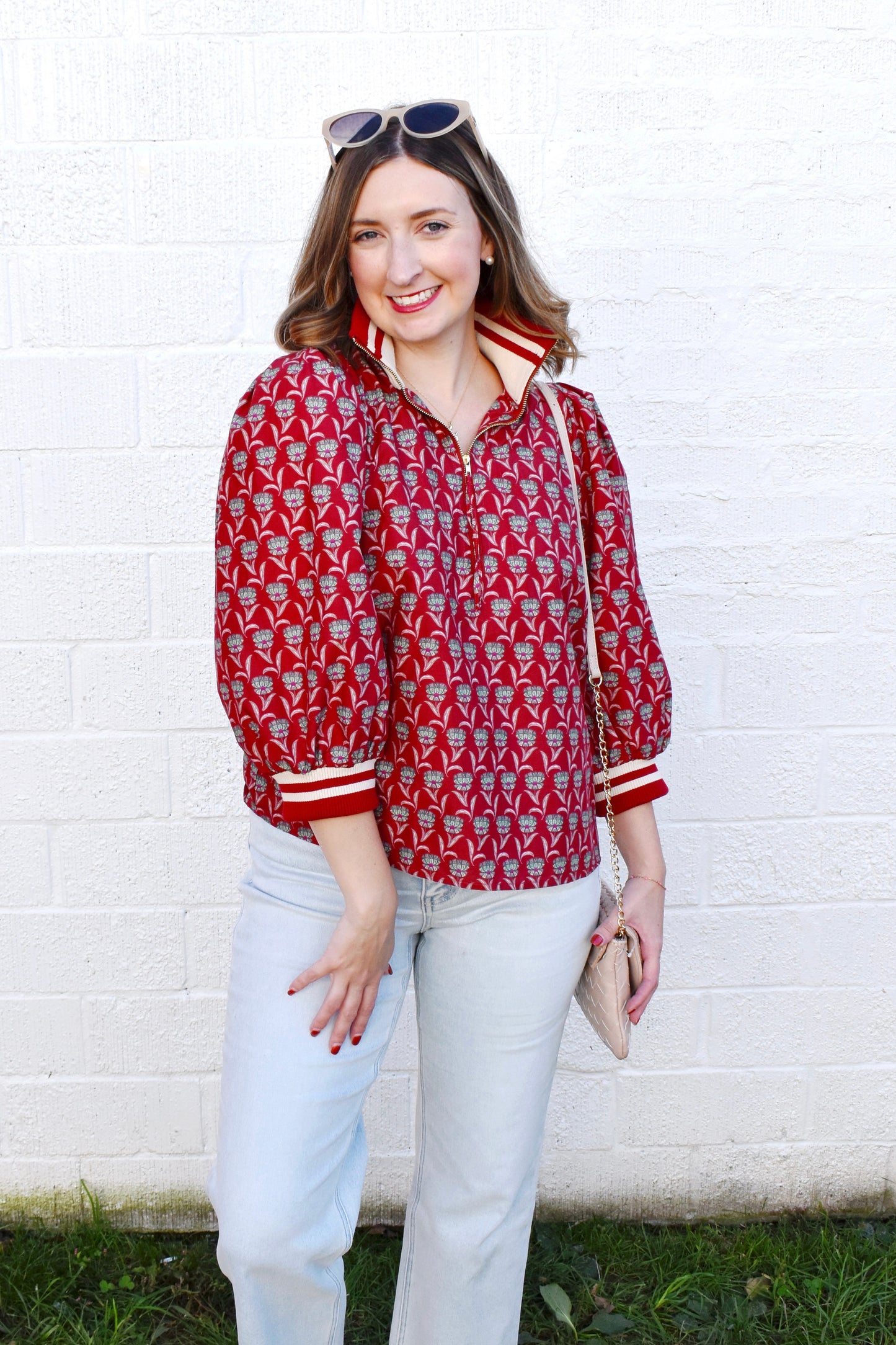 Rust Floral Zip Up Stripe Contrast Top