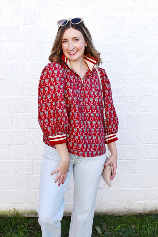 Rust Floral Zip Up Stripe Contrast Top