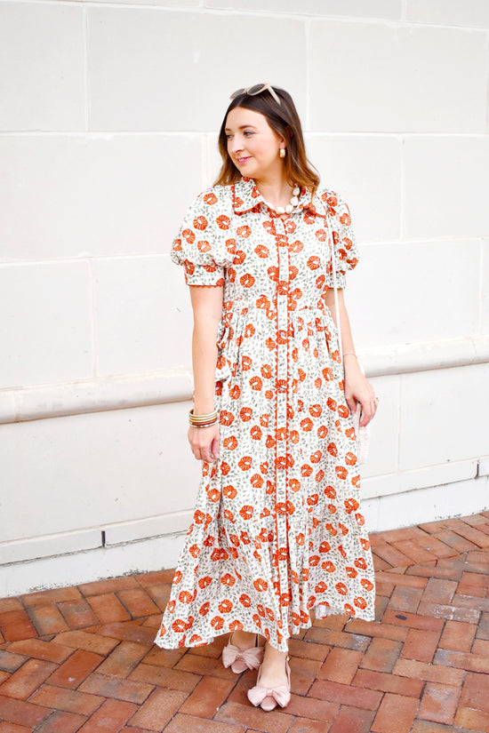 Rust Floral Button Down Midi Dress