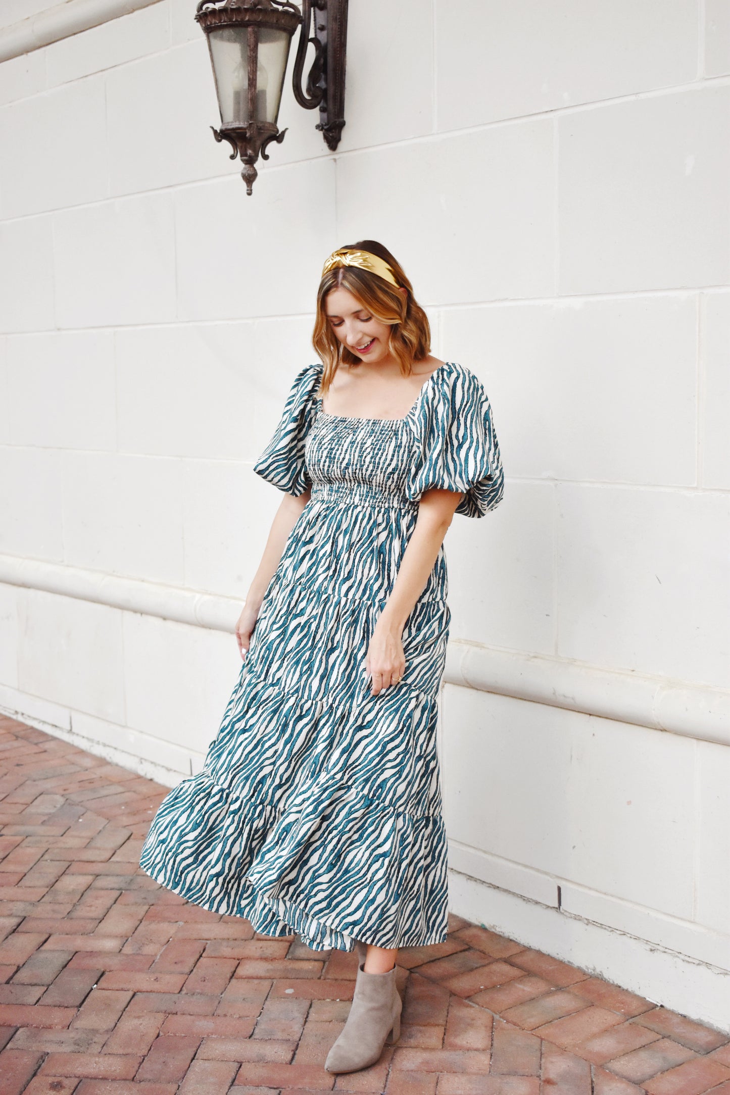 midi zebra print dress Brown Zebra Print Puff Sleeve Ella Midi Dress