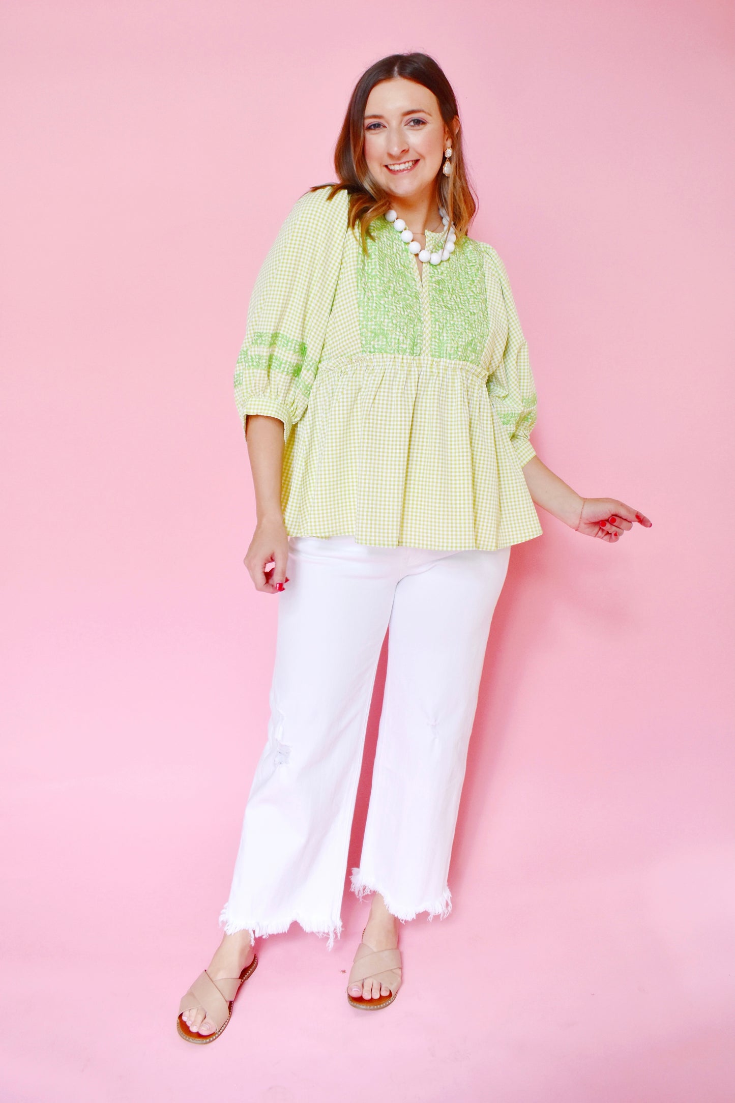 Lime Gingham Embroidered Babydoll Top