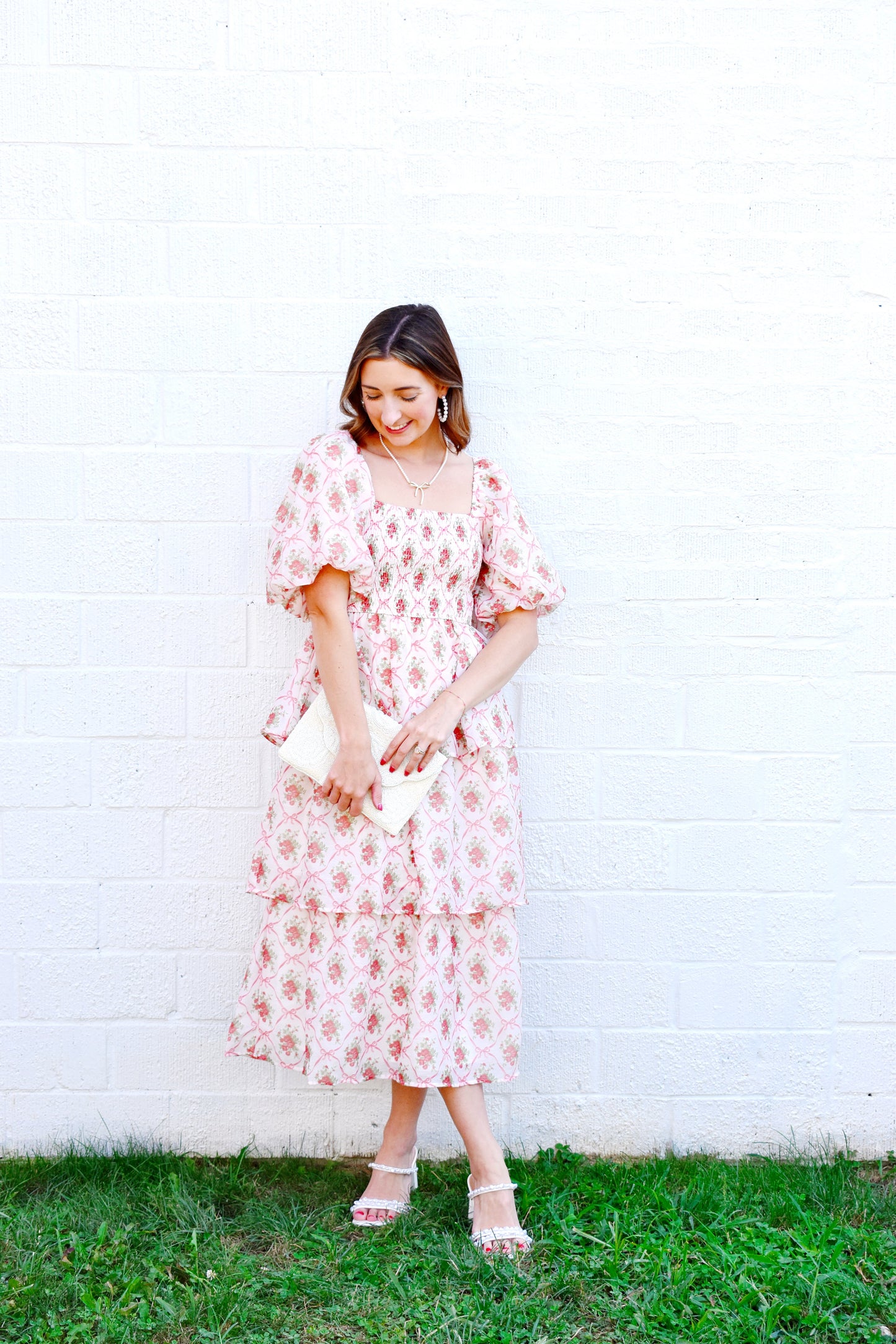 Floral Bow & Rose Printed Tiered Midi Dress