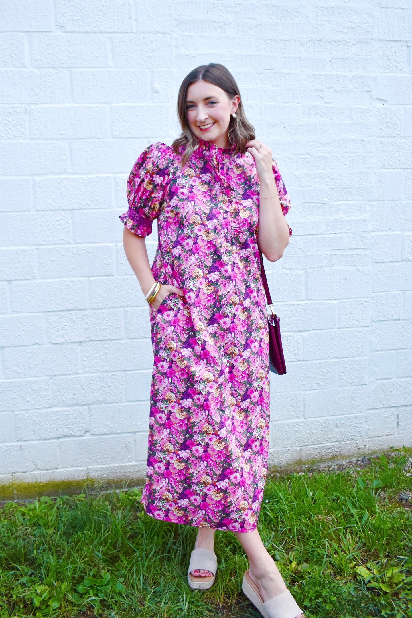 Magenta Floral Ruffle Neck Puff Sleeve Midi Dress