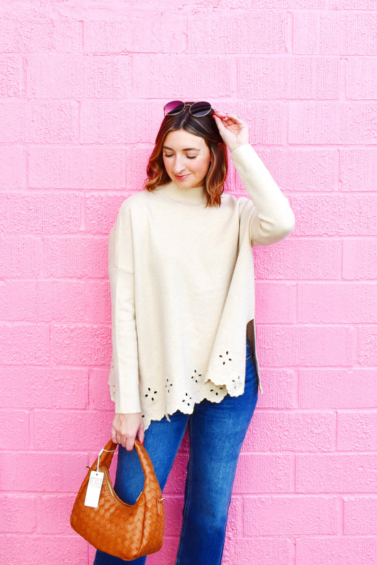 Oatmeal Eyelet Trim Poncho Sweater