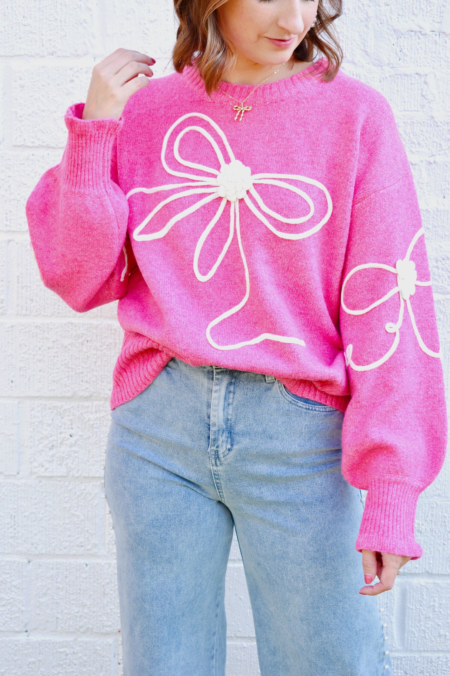 Pink Knitted Bow Applique Sweater