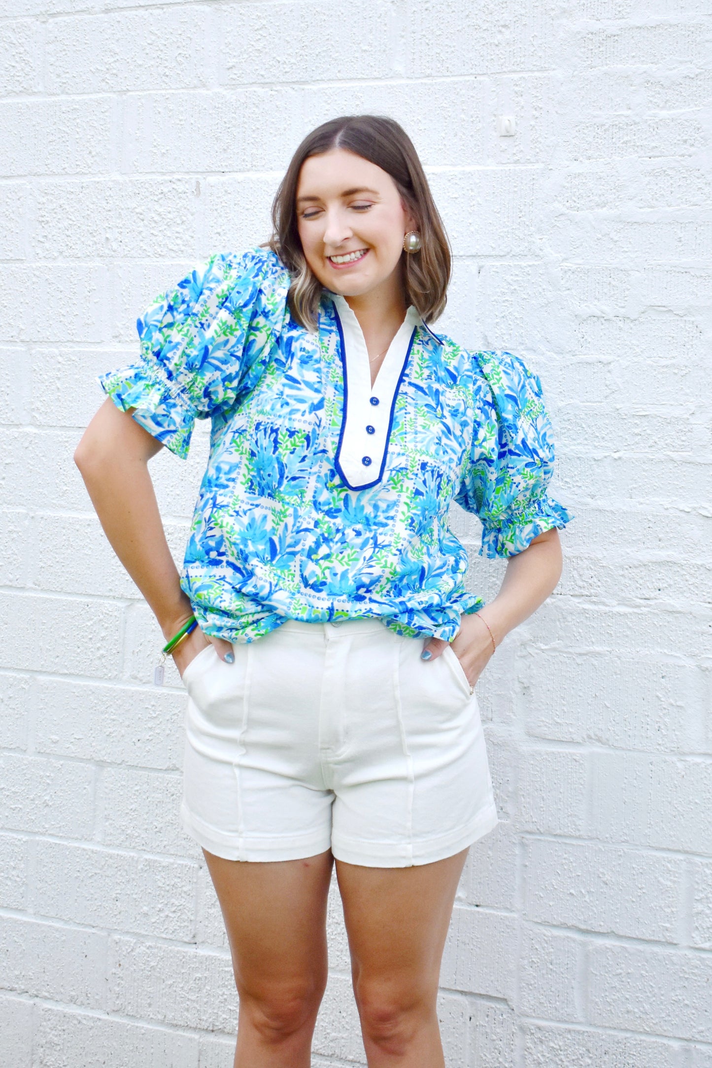 Blue & Green Watercolor Floral Collared Blouse