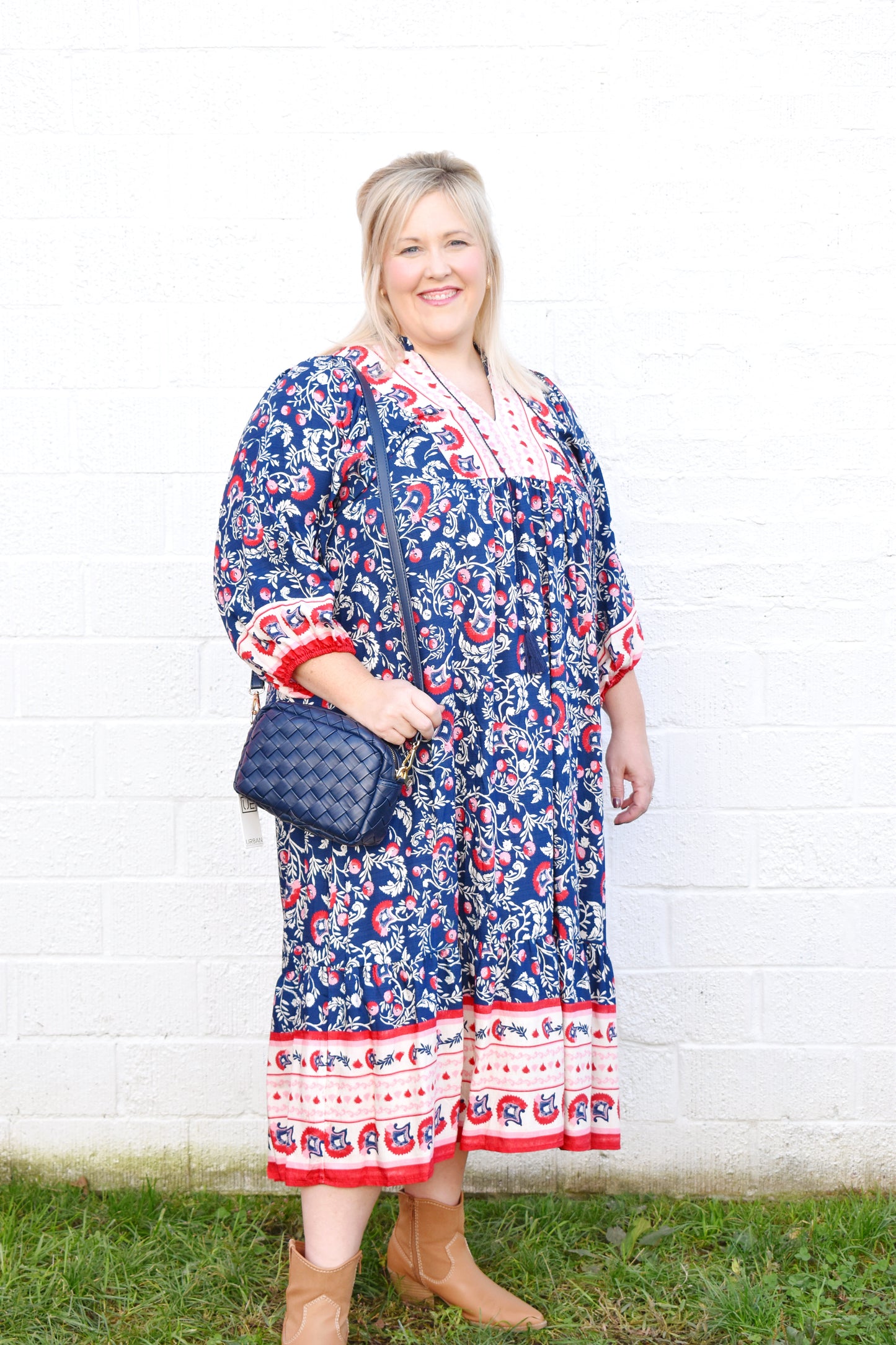 Plus Navy Pink Abstract Floral Midi Dress